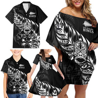 New Zealand Lawn Bowls Custom Family Matching Off Shoulder Short Dress and Hawaiian Shirt Black Maori Warrior Tribal Silver Fern - Polynesian Pride