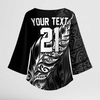 New Zealand Lawn Bowls Custom Kimono Sleeve Blouse Black Maori Warrior Tribal Silver Fern - Polynesian Pride