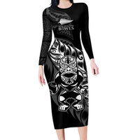 New Zealand Lawn Bowls Custom Long Sleeve Bodycon Dress Black Maori Warrior Tribal Silver Fern - Polynesian Pride