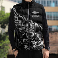 New Zealand Lawn Bowls Custom Sleeveless Puffer Jacket Black Maori Warrior Tribal Silver Fern - Polynesian Pride