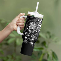 New Zealand Lawn Bowls Custom Tumbler With Handle Black Maori Warrior Tribal Silver Fern - Polynesian Pride