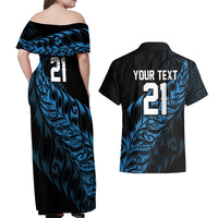 New Zealand Lawn Bowls Custom Couples Matching Off Shoulder Maxi Dress and Hawaiian Shirt Blue Maori Warrior Tribal Silver Fern LT9 - Polynesian Pride