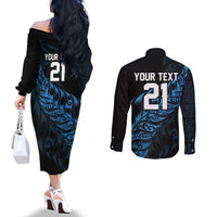 New Zealand Lawn Bowls Custom Couples Matching Off The Shoulder Long Sleeve Dress and Long Sleeve Button Shirt Blue Maori Warrior Tribal Silver Fern - Polynesian Pride