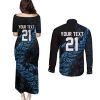 New Zealand Lawn Bowls Custom Couples Matching Puletasi and Long Sleeve Button Shirt Blue Maori Warrior Tribal Silver Fern - Polynesian Pride