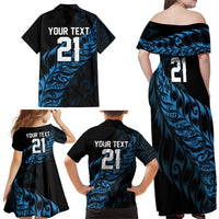 New Zealand Lawn Bowls Custom Family Matching Off Shoulder Maxi Dress and Hawaiian Shirt Blue Maori Warrior Tribal Silver Fern LT9 - Polynesian Pride