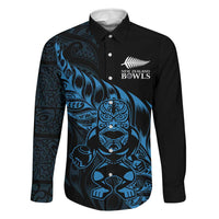 New Zealand Lawn Bowls Custom Family Matching Off Shoulder Maxi Dress and Hawaiian Shirt Blue Maori Warrior Tribal Silver Fern LT9 Dad's Shirt - Long Sleeve Blue - Polynesian Pride
