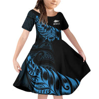 New Zealand Lawn Bowls Custom Family Matching Off Shoulder Short Dress and Hawaiian Shirt Blue Maori Warrior Tribal Silver Fern - Polynesian Pride