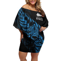 New Zealand Lawn Bowls Custom Family Matching Off Shoulder Short Dress and Hawaiian Shirt Blue Maori Warrior Tribal Silver Fern - Polynesian Pride