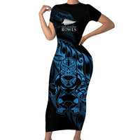 New Zealand Lawn Bowls Custom Family Matching Short Sleeve Bodycon Dress and Hawaiian Shirt Blue Maori Warrior Tribal Silver Fern LT9 Mom's Dress Blue - Polynesian Pride