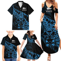 New Zealand Lawn Bowls Custom Family Matching Summer Maxi Dress and Hawaiian Shirt Blue Maori Warrior Tribal Silver Fern - Polynesian Pride