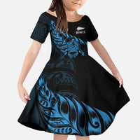 New Zealand Lawn Bowls Custom Kid Short Sleeve Dress Blue Maori Warrior Tribal Silver Fern - Polynesian Pride