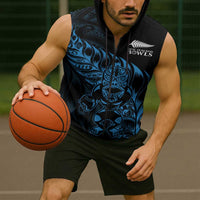 New Zealand Lawn Bowls Custom Sleeveless Zip Hoodie Blue Maori Warrior Tribal Silver Fern - Polynesian Pride