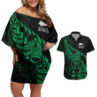 New Zealand Lawn Bowls Custom Couples Matching Off Shoulder Short Dress and Hawaiian Shirt Green Maori Warrior Tribal Silver Fern - Polynesian Pride