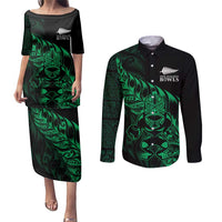 New Zealand Lawn Bowls Custom Couples Matching Puletasi and Long Sleeve Button Shirt Green Maori Warrior Tribal Silver Fern - Polynesian Pride