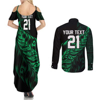New Zealand Lawn Bowls Custom Couples Matching Summer Maxi Dress and Long Sleeve Button Shirt Green Maori Warrior Tribal Silver Fern - Polynesian Pride
