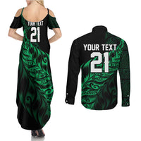 New Zealand Lawn Bowls Custom Couples Matching Summer Maxi Dress and Long Sleeve Button Shirt Green Maori Warrior Tribal Silver Fern LT9 - Polynesian Pride