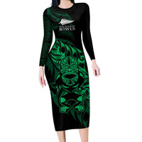 New Zealand Lawn Bowls Custom Family Matching Long Sleeve Bodycon Dress and Hawaiian Shirt Green Maori Warrior Tribal Silver Fern LT9 Mom's Dress Green - Polynesian Pride