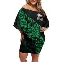 New Zealand Lawn Bowls Custom Family Matching Off Shoulder Short Dress and Hawaiian Shirt Green Maori Warrior Tribal Silver Fern - Polynesian Pride