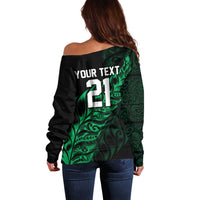 New Zealand Lawn Bowls Custom Off Shoulder Sweater Green Maori Warrior Tribal Silver Fern - Polynesian Pride