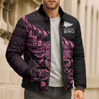 New Zealand Lawn Bowls Custom Bomber Puffer Jacket Pink Maori Warrior Tribal Silver Fern - Polynesian Pride