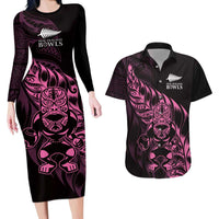 New Zealand Lawn Bowls Custom Couples Matching Long Sleeve Bodycon Dress and Hawaiian Shirt Pink Maori Warrior Tribal Silver Fern LT9 Pink - Polynesian Pride