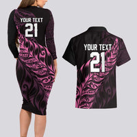 New Zealand Lawn Bowls Custom Couples Matching Long Sleeve Bodycon Dress and Hawaiian Shirt Pink Maori Warrior Tribal Silver Fern - Polynesian Pride