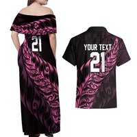 New Zealand Lawn Bowls Custom Couples Matching Off Shoulder Maxi Dress and Hawaiian Shirt Pink Maori Warrior Tribal Silver Fern - Polynesian Pride