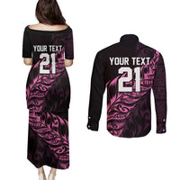 New Zealand Lawn Bowls Custom Couples Matching Puletasi and Long Sleeve Button Shirt Pink Maori Warrior Tribal Silver Fern - Polynesian Pride