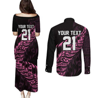 New Zealand Lawn Bowls Custom Couples Matching Puletasi and Long Sleeve Button Shirt Pink Maori Warrior Tribal Silver Fern - Polynesian Pride