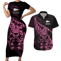New Zealand Lawn Bowls Custom Couples Matching Short Sleeve Bodycon Dress and Hawaiian Shirt Pink Maori Warrior Tribal Silver Fern - Polynesian Pride