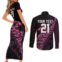 New Zealand Lawn Bowls Custom Couples Matching Short Sleeve Bodycon Dress and Long Sleeve Button Shirt Pink Maori Warrior Tribal Silver Fern - Polynesian Pride