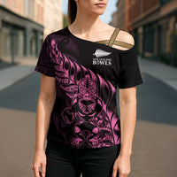 New Zealand Lawn Bowls Custom Cross Shoulder Shirt Pink Maori Warrior Tribal Silver Fern LT9 - Polynesian Pride