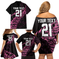 New Zealand Lawn Bowls Custom Family Matching Off Shoulder Short Dress and Hawaiian Shirt Pink Maori Warrior Tribal Silver Fern - Polynesian Pride