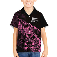 New Zealand Lawn Bowls Custom Family Matching Puletasi and Hawaiian Shirt Pink Maori Warrior Tribal Silver Fern LT9 Son's Shirt Pink - Polynesian Pride