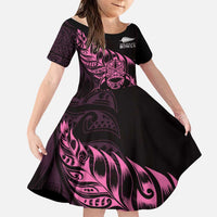 New Zealand Lawn Bowls Custom Family Matching Short Sleeve Bodycon Dress and Hawaiian Shirt Pink Maori Warrior Tribal Silver Fern LT9 Daughter's Dress Pink - Polynesian Pride