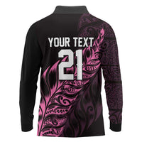 New Zealand Lawn Bowls Custom Long Sleeve Polo Shirt Pink Maori Warrior Tribal Silver Fern - Polynesian Pride