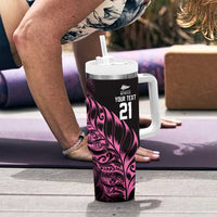 New Zealand Lawn Bowls Custom Tumbler With Handle Pink Maori Warrior Tribal Silver Fern - Polynesian Pride