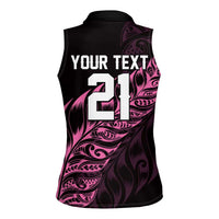 New Zealand Lawn Bowls Custom Women Sleeveless Polo Shirt Pink Maori Warrior Tribal Silver Fern - Polynesian Pride