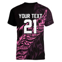 New Zealand Lawn Bowls Custom Women V-Neck T-Shirt Pink Maori Warrior Tribal Silver Fern LT9 - Polynesian Pride
