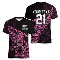 New Zealand Lawn Bowls Custom Women V-Neck T-Shirt Pink Maori Warrior Tribal Silver Fern LT9 - Polynesian Pride