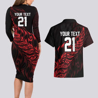New Zealand Lawn Bowls Custom Couples Matching Long Sleeve Bodycon Dress and Hawaiian Shirt Red Maori Warrior Tribal Silver Fern - Polynesian Pride