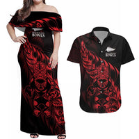 New Zealand Lawn Bowls Custom Couples Matching Off Shoulder Maxi Dress and Hawaiian Shirt Red Maori Warrior Tribal Silver Fern - Polynesian Pride