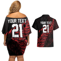 New Zealand Lawn Bowls Custom Couples Matching Off Shoulder Short Dress and Hawaiian Shirt Red Maori Warrior Tribal Silver Fern LT9 - Polynesian Pride