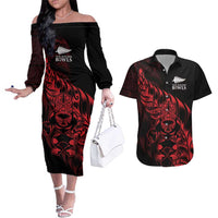 New Zealand Lawn Bowls Custom Couples Matching Off The Shoulder Long Sleeve Dress and Hawaiian Shirt Red Maori Warrior Tribal Silver Fern LT9 Red - Polynesian Pride