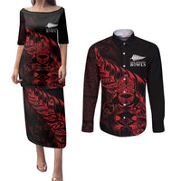 New Zealand Lawn Bowls Custom Couples Matching Puletasi and Long Sleeve Button Shirt Red Maori Warrior Tribal Silver Fern - Polynesian Pride