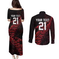 New Zealand Lawn Bowls Custom Couples Matching Puletasi and Long Sleeve Button Shirt Red Maori Warrior Tribal Silver Fern - Polynesian Pride