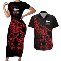 New Zealand Lawn Bowls Custom Couples Matching Short Sleeve Bodycon Dress and Hawaiian Shirt Red Maori Warrior Tribal Silver Fern LT9 Red - Polynesian Pride