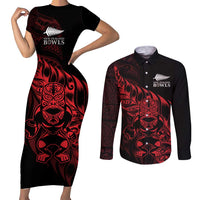New Zealand Lawn Bowls Custom Couples Matching Short Sleeve Bodycon Dress and Long Sleeve Button Shirt Red Maori Warrior Tribal Silver Fern LT9 Red - Polynesian Pride