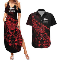 New Zealand Lawn Bowls Custom Couples Matching Summer Maxi Dress and Hawaiian Shirt Red Maori Warrior Tribal Silver Fern - Polynesian Pride