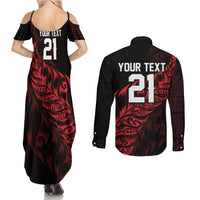New Zealand Lawn Bowls Custom Couples Matching Summer Maxi Dress and Long Sleeve Button Shirt Red Maori Warrior Tribal Silver Fern - Polynesian Pride